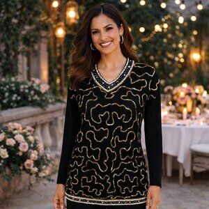 Victoria Harbour Beaded Sweater Black Gold Sequin Knit Long Sleeve Size M VTG 90